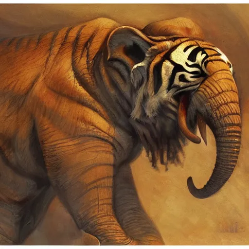 Image similar to tiger - elephant creature, oil painting by justin gerard