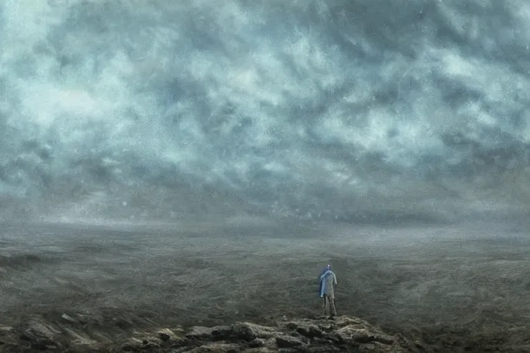 Image similar to Haunting horrifying hyperrealistic detailed painting of an ultrawide landscape showing a tall pale man sitting atop a mountain of humans in a foggy hellscape with spread out lakes of cerulean blue gelatinous liquid reflective and goop, eyeballs bulging, stars in the sky, a galaxy in the sky, dystopian feel, heavy metal, disgusting, creepy, unsettling, in the style of Michael Whelan and Zdzisław Beksiński, lovecraftian, hyper detailed, trending on Artstation