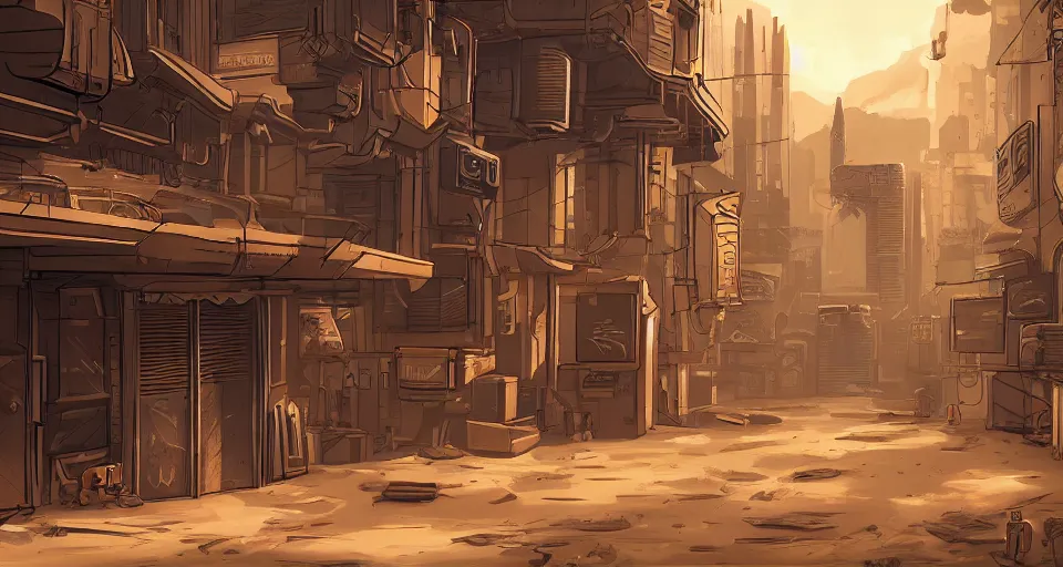 Image similar to Sci-fi wallpaper of an alley in a desert city, close-up view, point-and-click adventure game, cinematic, concept art