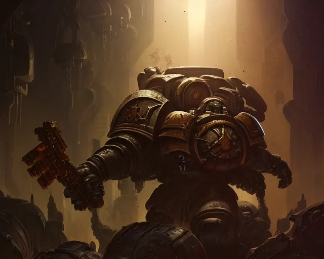 Image similar to 4 k cinematic still portrait of a space marine in a dark liminal space room, nurgle, deep focus, d & d, fantasy, intricate, repulsive, highly detailed, digital art, art station, concept art, matte, sharp focus, illustration, dark fantasy art, hearthstone, art by artgerm and greg rutkowski and alphonse mucha