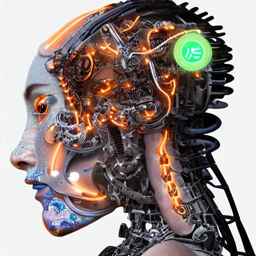 Image similar to an extremely beautiful biomechanical female looking robot with large emoji tattoos, neon jacuzzi, extremely beautiful oppai cyberpunk, chimeric organism, holodeck, pale skin, organic polycarbon, full frontal, portrait, highly detailed, transhumanist hydration, symmetrical, mechanical, mendelbrot fractal, ray tracing, hyperdetailed, hyperrealistic, trending on artstation, octane render, hdr, uhd 4k