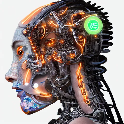 Prompt: an extremely beautiful biomechanical female looking robot with large emoji tattoos, neon jacuzzi, extremely beautiful oppai cyberpunk, chimeric organism, holodeck, pale skin, organic polycarbon, full frontal, portrait, highly detailed, transhumanist hydration, symmetrical, mechanical, mendelbrot fractal, ray tracing, hyperdetailed, hyperrealistic, trending on artstation, octane render, hdr, uhd 4k