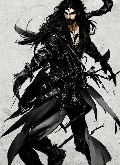 Image similar to Half body portrait of a handsome elven warrior with long black hair and facial hair wearing a black jacket. In style of Yoji Shinkawa and Hyung-tae Kim, trending on ArtStation, dark fantasy, great composition, concept art, highly detailed.