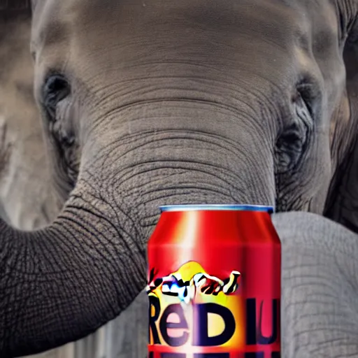 Prompt: product photography, a can of red bull on a table, an elephant is behind drinking the red bull through a straw