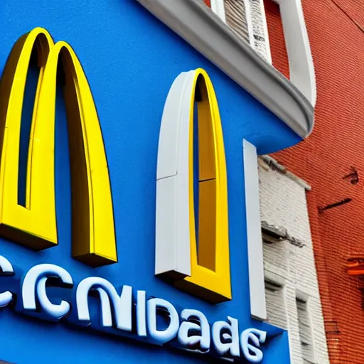 Image similar to McDonald's Restaurant, Blue themed, blue colors, blue walls, blue logo, 4k, realistic, award-winning photograph