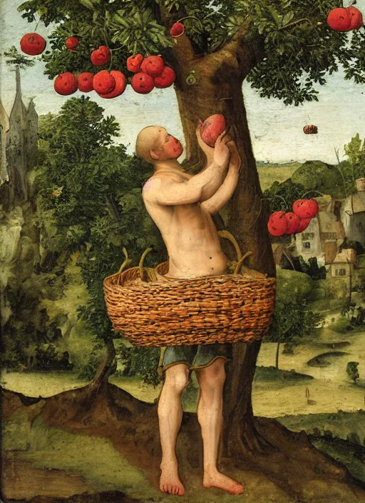 Prompt: a 1 6 th century oil painting of a medieval peasant picking fruit from a tree, holding a basket. high quality scan