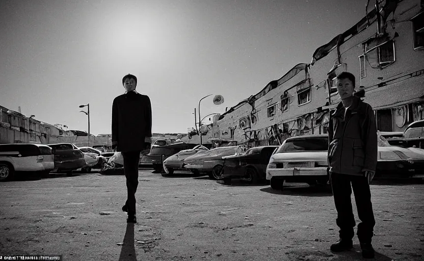 Prompt: On a parking lot in a futuristic space city of Neo Norilsk on the Moon, a Mysterious man is standing in the middle of a street photo by Trent Parke, the sun is blinding, a Russian city on the Moon