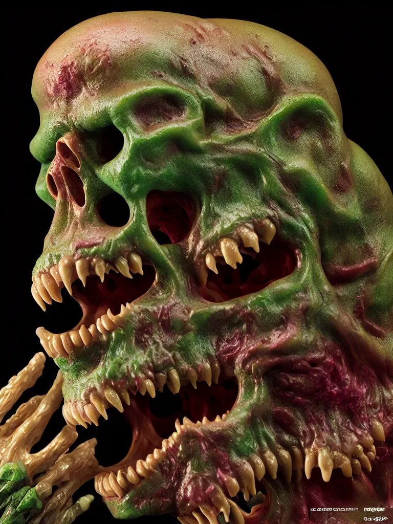 Image similar to hyperrealistic subsurface scattering rendering, fat smooth wet cronenberg flesh monster smooth skull and ribcages kaiju by art of skinner and richard corben and jeff easley, product photography, action figure, sofubi, studio lighting, colored gels
