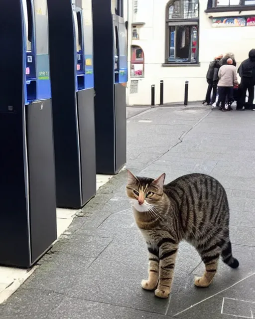 Image similar to cat standing up, in line at an ATM in copenhagen, as seen on reddit, photograph