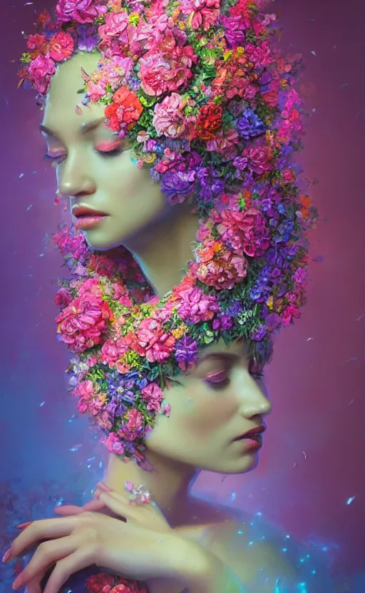 Prompt: a beautiful fantasy oil painting hyperrealism of a beautiful woman, flowers, floral headdress, 8 k resolution, octane render, trending on artstation, by gediminas pranckevicius, volumetric light 2 blue fractal thunder glow by dan mumford, anaglyph effect, laurie lipton