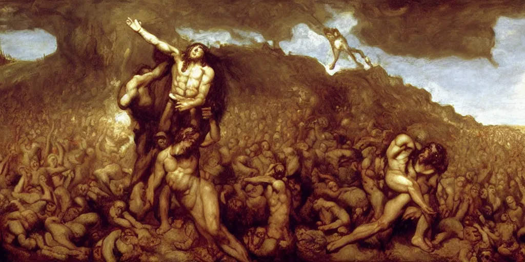 Prompt: Jesus Christ, walking through hell, to destroy Satan's kingdom, a fantasy digital Painting, by Gustave Courbet