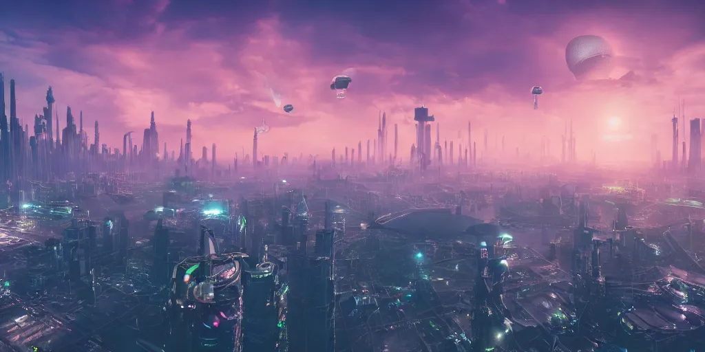 Prompt: big futuristic city like coruscant, with a green sunset smog sky, cinematic lighting, power plants with smoke, factories, tall metal towers, flying metal orbs, flying vehicles, a big moon in the sky, one blimp in the distance, a cloudy sky, mud mountains in background, hd 4k photo