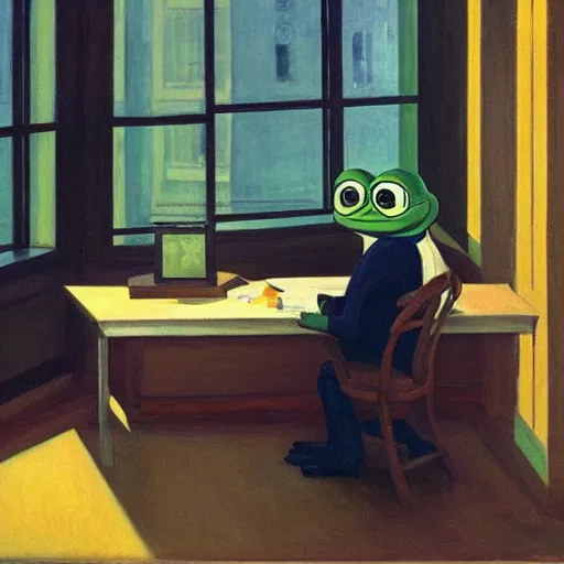 Image similar to pepe the frog in an office by edward hopper