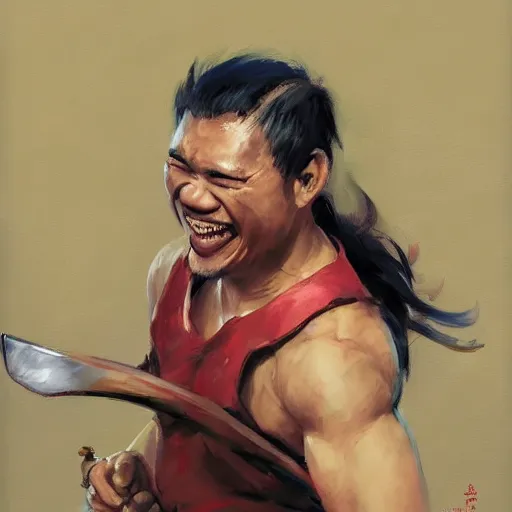 Image similar to greg manchess portrait of a laughing filipino mma fighter with a sword laughter, profile picture, organic painting, sunny day, matte painting, bold shapes, hard edges, street art, trending on artstation, by huang guangjian, gil elvgren, ruan jia, randy vargas, greg rutkowski