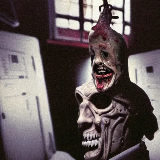 Image similar to filmic extreme wide shot dutch angle movie still 35mm film color photograph of a doctor with a missing head, his neck is spurting blood, in the style of an realistic grotesque horror film