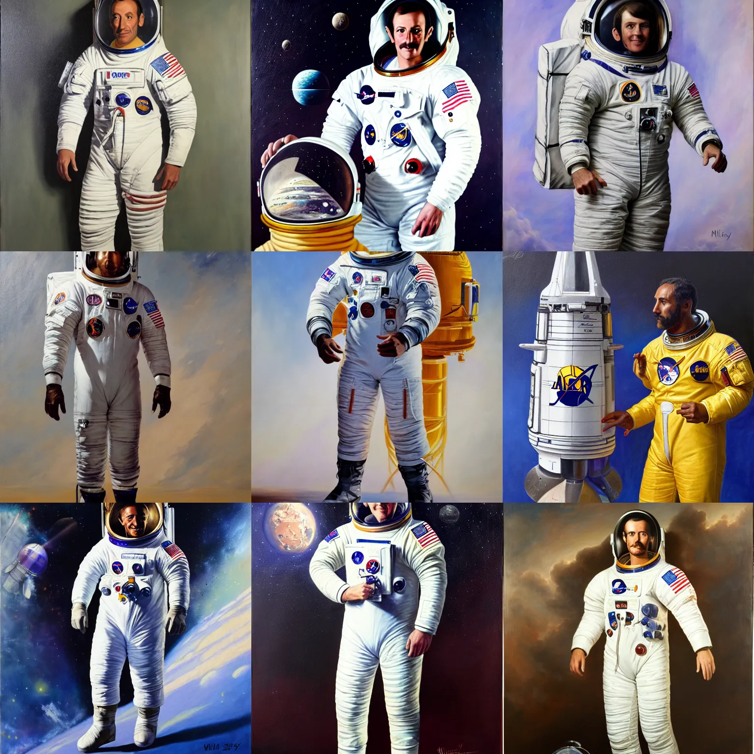 Prompt: full body portrait of the first los angeles laker in space 1 9 6 9, in full astronaut uniform, oil on canvas by william sidney mount, trending on artstation