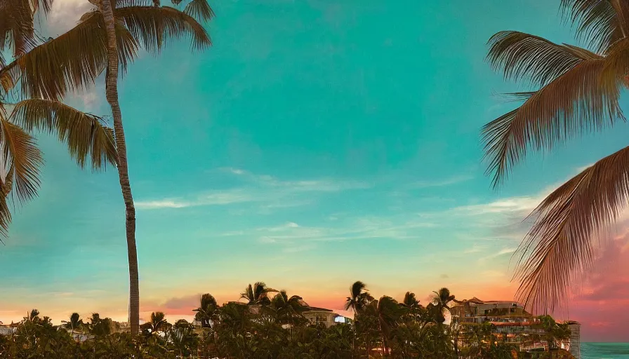 Prompt: miami hotels by leonardo da vinci, unreal engine, digital art, drone photography, sunset, sharp focus, beach, vivid color, clear sky