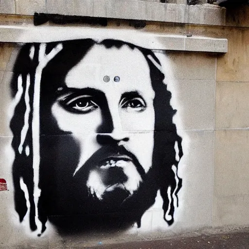 Image similar to Street-art portrait of Jesus in style of Banksy, photorealism