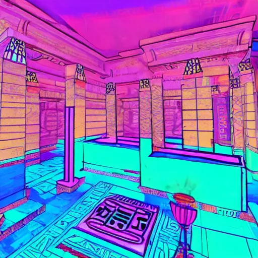 Image similar to a ancient egypt palace covered with blue and pink neons, retrowave art, trending on art station