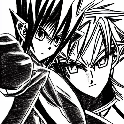 Image similar to anime, manga drawing of yugi muto versus sauron from lotr lord of the rings, yu - gi - oh art