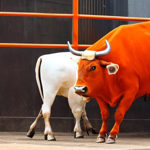 Prompt: bull wearing orange inmate clothes in a bullring with a torero