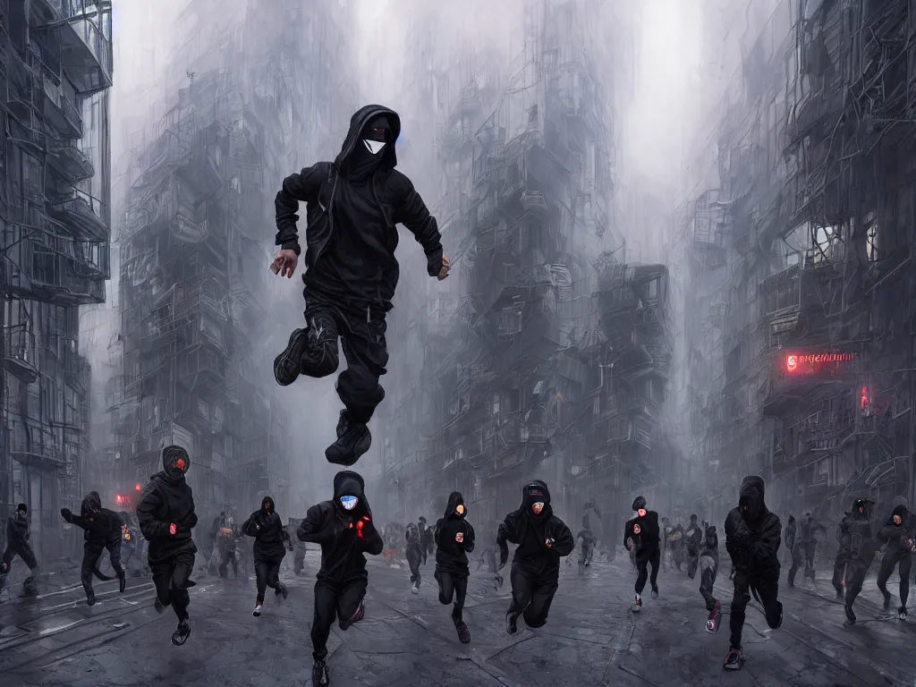 Prompt: a hyperrealistic matte painting of a group of rebellious hackers, clothed in techwear, running through the streets of a dystopian city, matte painting, intricate detail, polished, concept art, trending on artstation