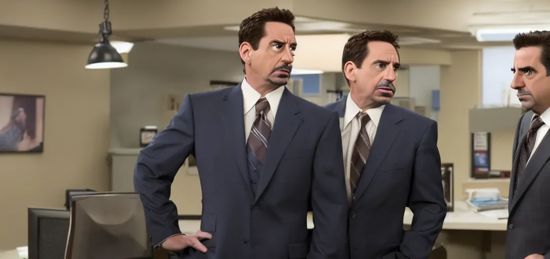 Image similar to a very high resolution image of tony stark and micheal scott. from an episode of the office. photorealistic, photography