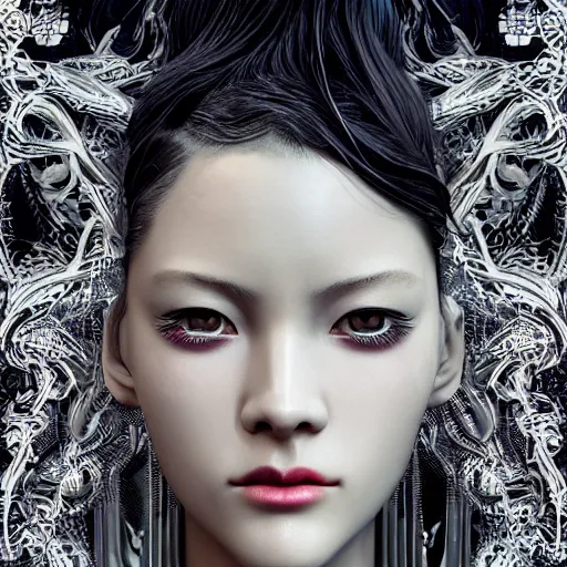 Image similar to the portrait of an absurdly beautiful, graceful, elegant, sophisticated, fashionable cyberpunk gravure idol, an ultrafine hyperdetailed illustration by kim jung gi, irakli nadar, intricate linework, bright colors, porcelain skin, unreal engine 5 highly rendered, fashion photography, global illumination, radiant light, detailed and intricate environment