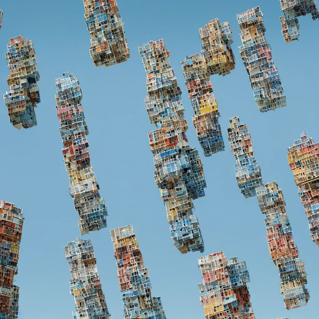 Image similar to close - up towers made up of colourful squatter housing, bleached colours, plain uniform light blue sky, dystopia, mamiya, very detailed, ultra sharp, photographed by john chiara