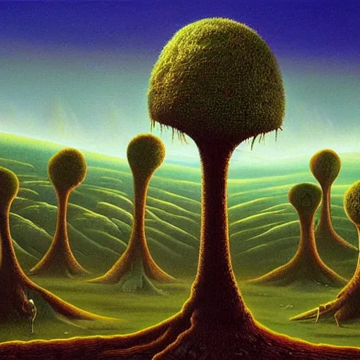 Image similar to surrealistic painting of cannabis trees on alien planet, by vladimir kush