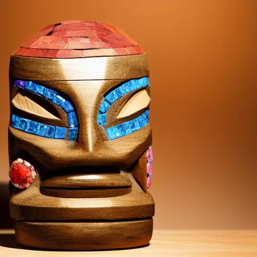 Prompt: a dslr photo of a tiki head made of gemstones sitting on a wooden table in a studio, realistic, trending on artstation