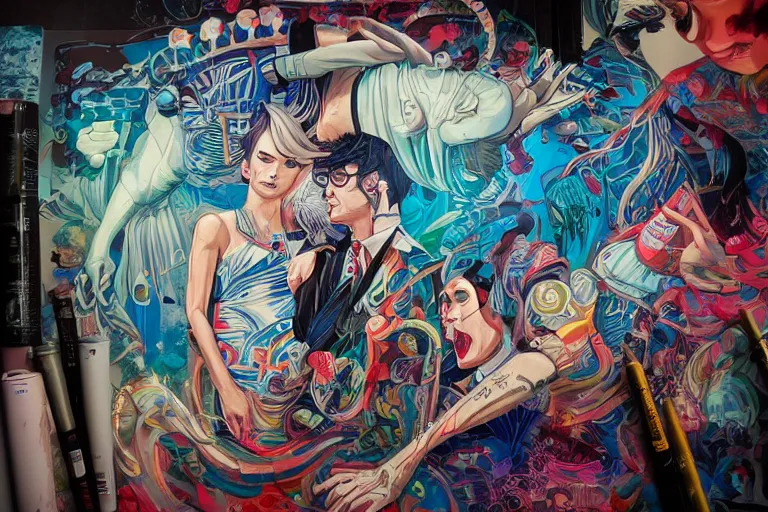 Image similar to Drunks people in bar, Tristan Eaton, victo ngai, artgerm, RHADS, ross draws