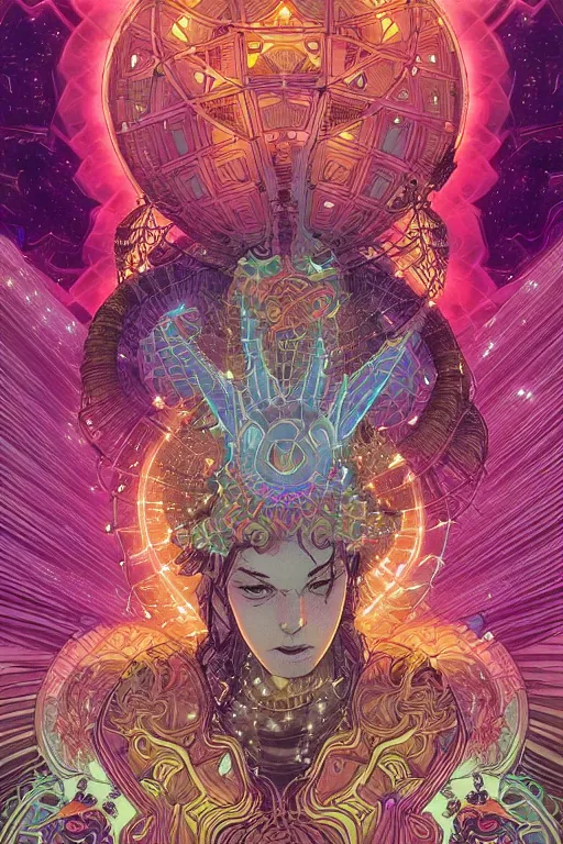 Image similar to the empress by travis charest and laurie greasley, detailed, kaleidoscope, psychedelic, cosmic energy by Kelly McKernan, yoshitaka amano, hiroshi yoshida, moebius, artgerm, cool tone pastel rainbow colors, inspired by dnd, iridescent aesthetic, centered symmetrical and detailed