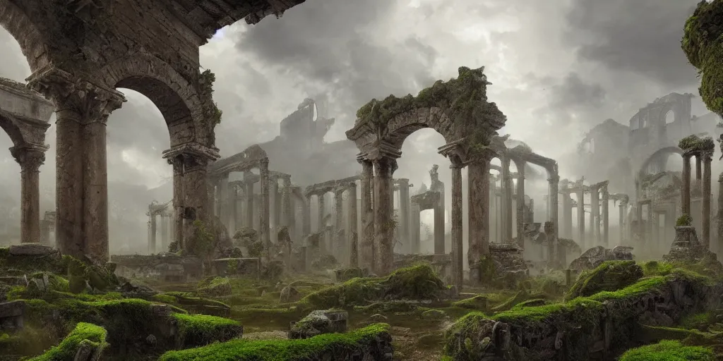 Image similar to a beautiful hyper realistic detailed matte painting of ruins of ancient ruins, lost arc, overgrown by moss, dramatic lighing,underexposed, overcast, fog, by Quentin Mabille and Moebius and Andreas Rocha and Raphael Lacoste, unreal engine, trending on artstation