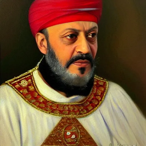 Image similar to Oil Painting of Recep Tayyib Erdoğan as Sultan Süleyman, red Oval Turban, close-up, very detailed facial features, by Osman Hamdi Bey