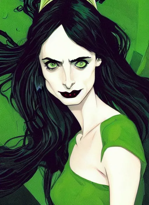 Image similar to Female beautiful witch Krysten Ritter, style of Joshua Middleton comic book art Nick Dragotta comic art, black and green eyes, symmetrical face, symmetrical eyes, scary smile, full body, dark green dress, no long neck, full body