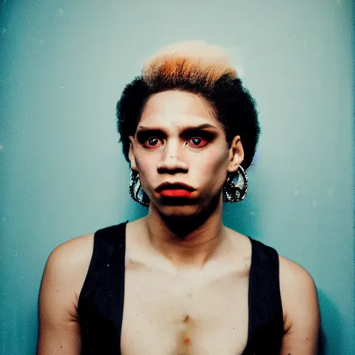 Prompt: realistic photoshoot of a nightlife personality in a club color film photography, portrait of a beautiful drag queen, photo in style of tyler mitchell painting by gottfried helnwein 3 5 mm zeiss lens sharp