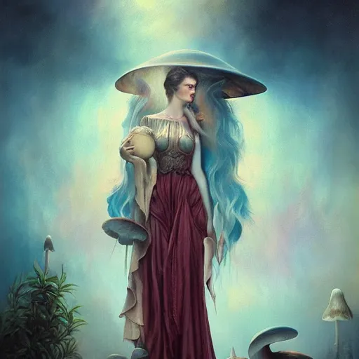 Image similar to By Tom Bagshaw, photorealistic soft paint portrait of a curiosities carnival with mushrooms, beautiful female in full long dress, symmetry accurate features, very intricate details, focus, ominous sky, rainbow lighting, volumetric clouds, god rays