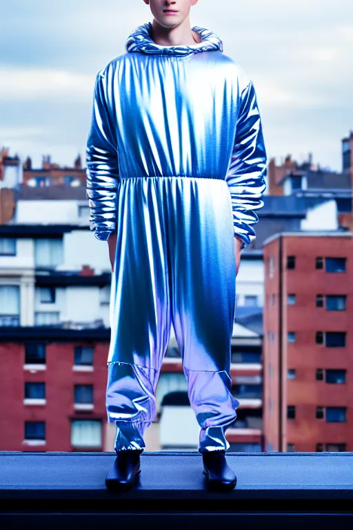 Image similar to un ultra high definition studio quality photographic art portrait of a young man standing on the rooftop of a british apartment building wearing very soft baggy inflated padded silver iridescent pearlescent clothing. three point light. extremely detailed. golden ratio, ray tracing, volumetric light, shallow depth of field. set dressed.