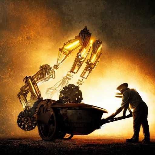 Image similar to wheelbarrow mecha, dark messy smoke - filled cluttered workshop, dark, dramatic lighting, orange tint, sparks, cinematic, highly detailed, sci - fi, futuristic, movie still