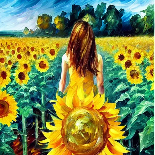 Prompt: a girl slowly walking through amazing tall sunflower field, her hair flowing down, subtle, intricate details, real masterpiece, oil on canvas, by leonid afremov