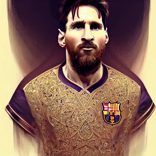 Image similar to lionel messi wearing emarati kandora, d & d, fantasy, intricate, elegant, highly detailed, digital painting, artstation, concept art, matte, sharp focus, illustration, art by artgerm and greg rutkowski and alphonse mucha