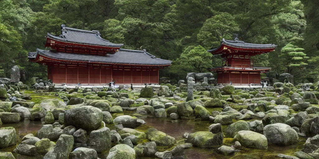 Image similar to a ancient japanese temple in the middle of a forest mear a small river, extremely highly detailed, high quality, 8K HDR, octane render, unreal engine 5, hyperrealistic, concept art, trending on Artstation, fancy lighting, cinematic, high coherence, path tracing, ruins, clouds in the sky, singular building, centered, sakura trees