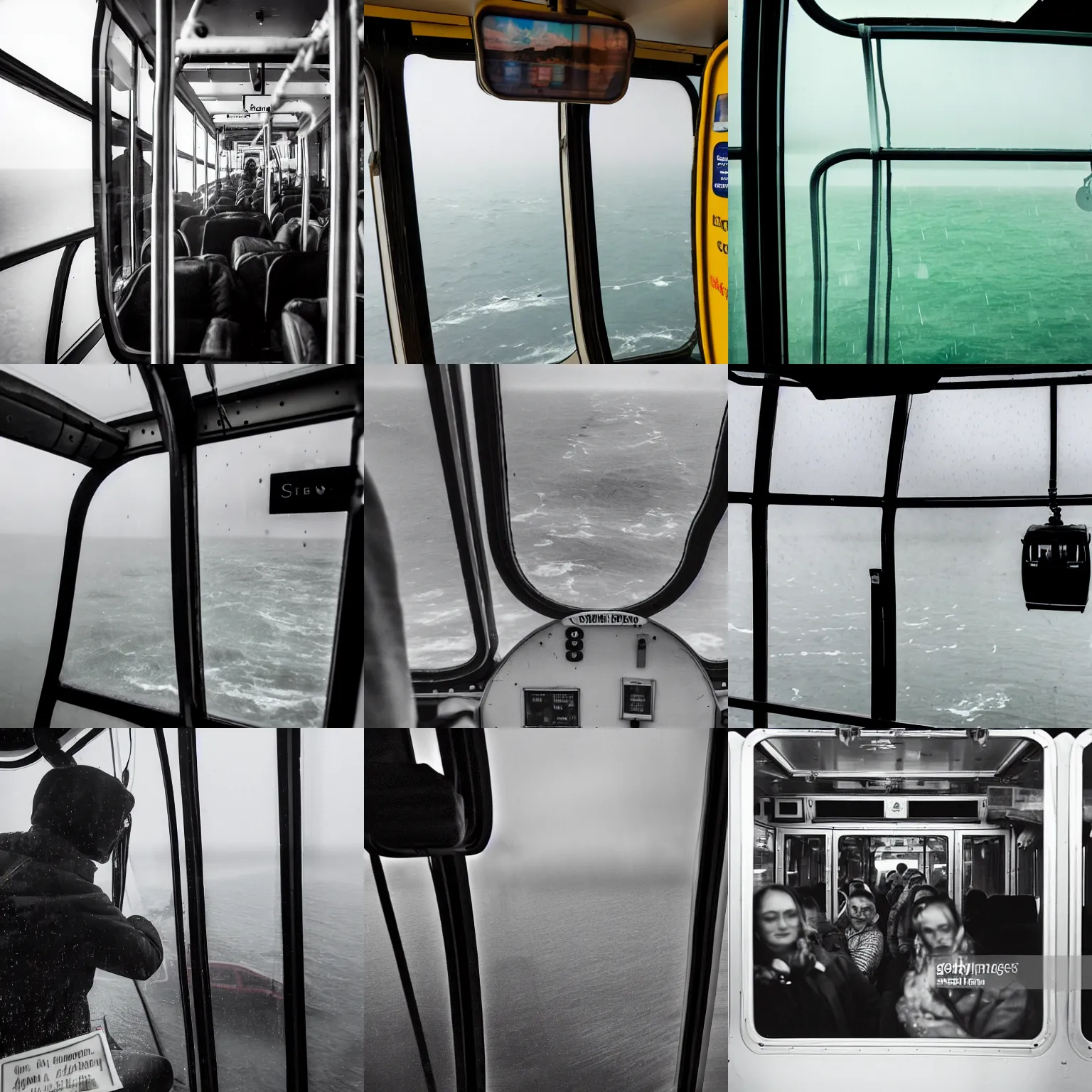 Prompt: Interior of a cable car, over the English channel, looking out the window, on a rainy stormy day