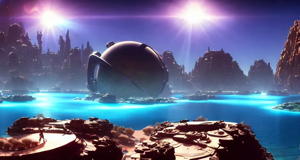 Prompt: a beautiful [ [ [ [ desert oasis ] ] ] ] with crystal clear water surrounded by a futuristic metropolis and a ringed planet in the sky, by frank frazetta, extremely detailed shading, concept art, digital painting, trending on artstation, unreal engine 5, octane render, atmosphere, lens flare, glow, cinematic lighting, full of color