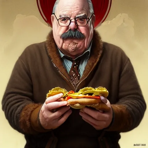 Image similar to portrait of a Wilfred Brimley eating a hamburger, extra onions and ketchup, luscious patty with sesame seeds, masculine, handsome, D&D, fantasy, intricate, elegant, highly detailed, digital painting, artstation, concept art, matte, sharp focus, illustration, art by Artgerm and Greg Rutkowski and Alphonse Mucha