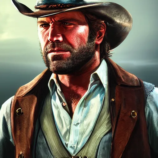 Prompt: dreamy portrait of arthur morgan from red dead redemption with sharp eyes, upper body visible, ultra realistic, highly detailed, hd, sharp focus, cinematic lighting, mood lighting, realistic, photorealistic, vivid colors, photograph, digital art, non blurry, sharp, artstation, concept art, smooth, illustration