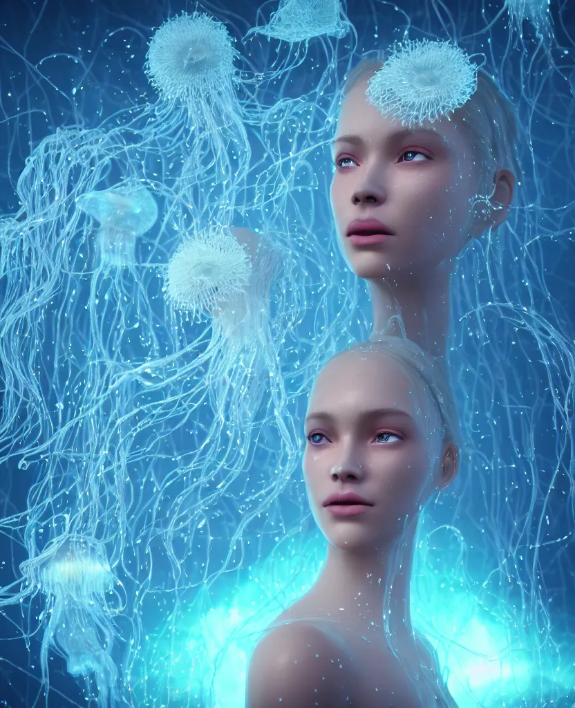 Image similar to close-up portrait of a face of beautiful princess floating in ethereum surrounded by floating jellyfish, energy flows of fire and water, flashes of plasma, 3d with depth of field, blurred background, a highly detailed epic cinematic concept art CG render. made in Maya, Blender and Photoshop, octane render, excellent composition, cinematic dystopian brutalist atmosphere, dynamic dramatic cinematic lighting, aesthetic, very inspirational, arthouse. y Greg Rutkowski, Ilya Kuvshinov, WLOP, Stanley Artgerm Lau, Ruan Jia and Fenghua Zhong