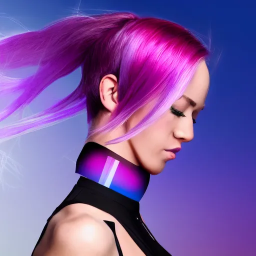 Image similar to a award winning action upper body portrait of a beautiful woman with a ombre purple pink hairstyle with head in motion and hair flying, choker, outrun, vaporware, vivid colors, highly detailed, fine detail, intricate