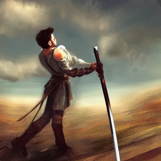 Image similar to A guy pulling a sword from the ground, Digital Art, Art,